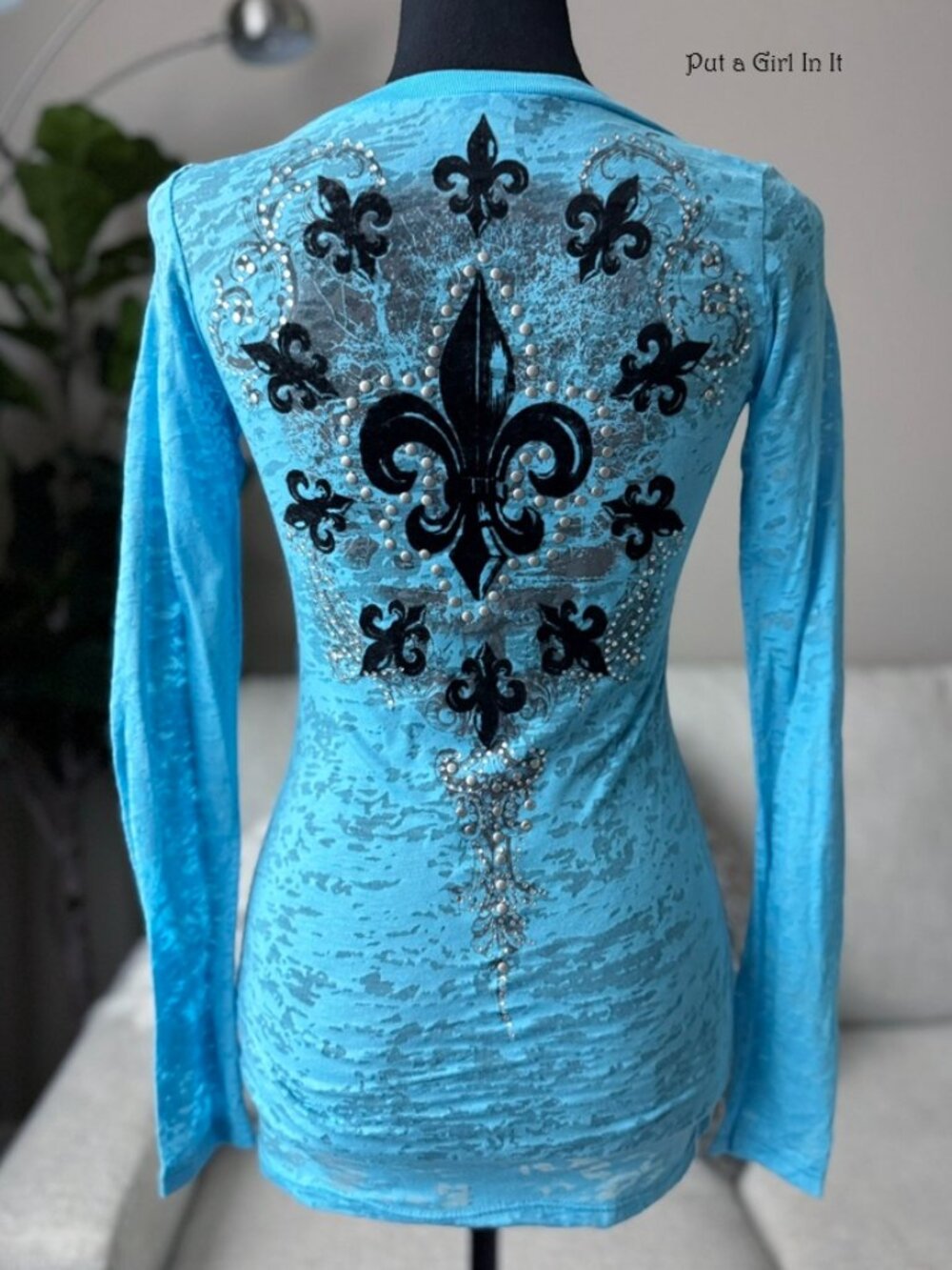 Vocal Apparel Women's Juniors Crystal Studded Blue Fleur De Lis Burnout Shirt S